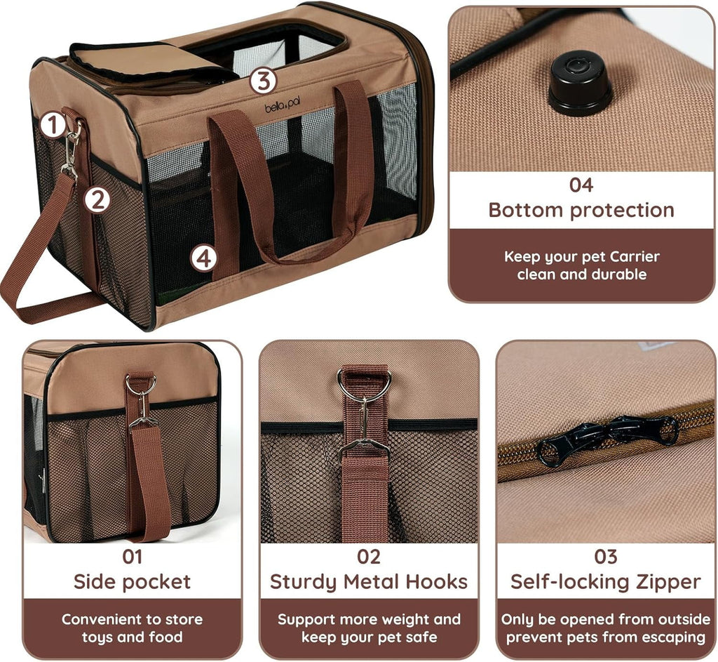 BELLA & PAL Cat Carrier Travel Bag, Airline Approved Lightweight,Soft Sided Pet Carrier for Puppy Dogs up to 18lbs,Collapsible Soft Sided Travel Carrier.